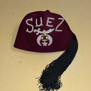 Vintage MASONIC SHRINERS JEWELED FEZ SUEZ HAT & FEZ HAT WITH TASSELS
